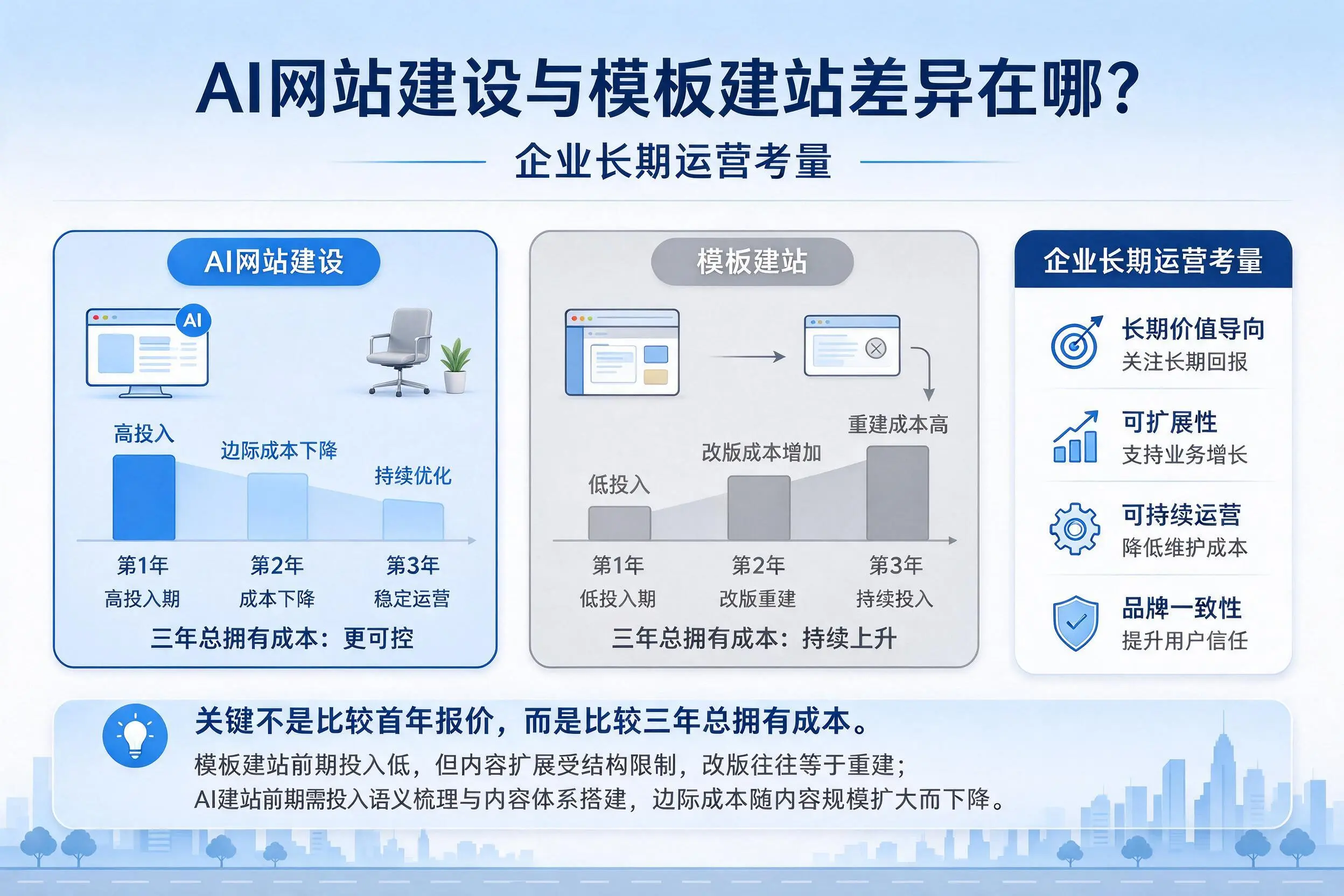 AI网站建设与模板建站差异在哪?南宁企业长期运营考量
